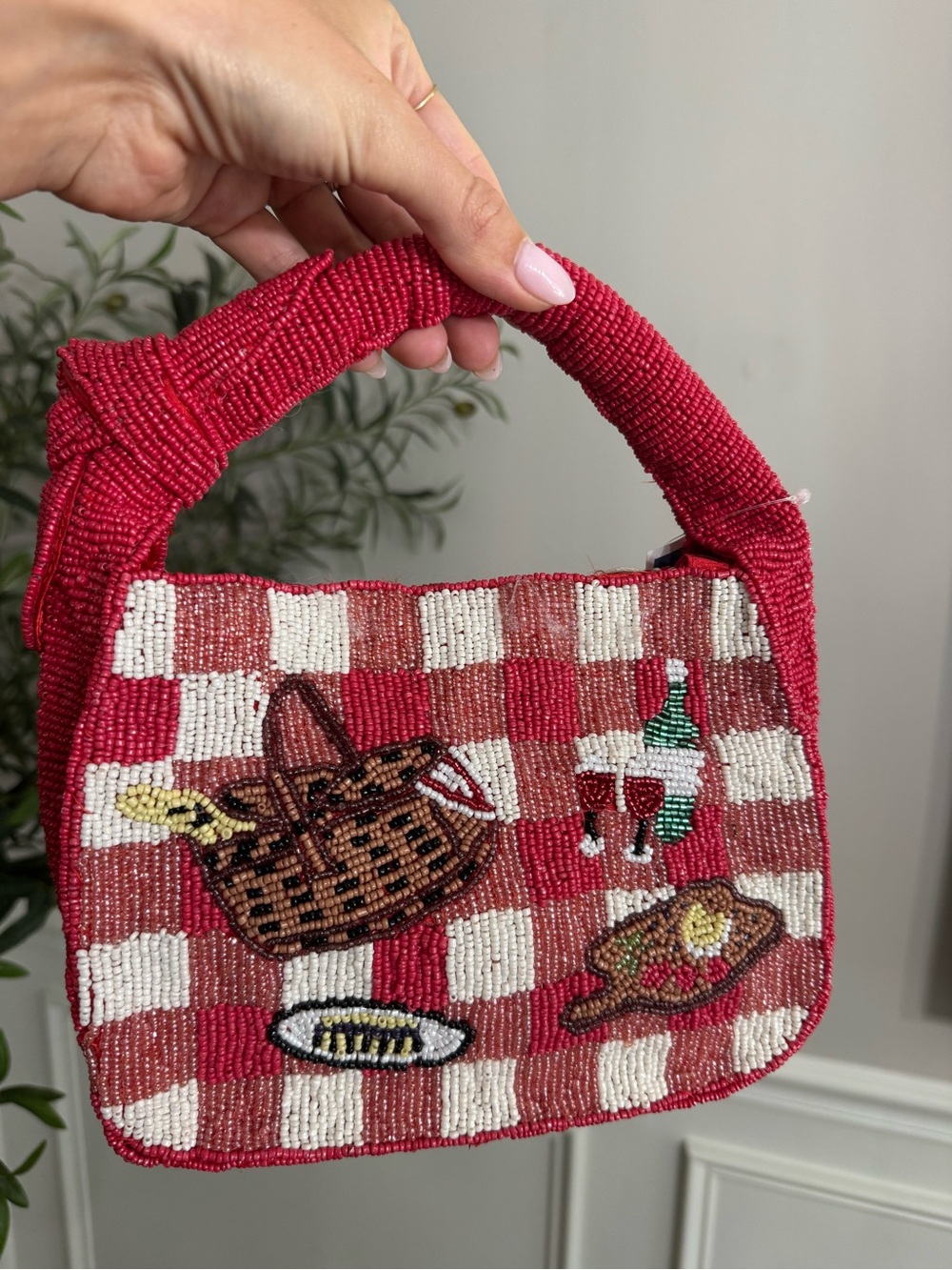 Beaded Red & White Picnic Checkered Handbag